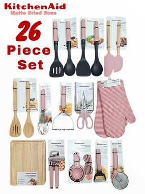 KitchenAid Matte Dried Rose 26-Piece Utensil Set - Pink and Natural Wood Accents